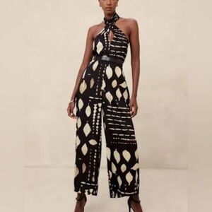 wrap-halter black and cream print jumpsuit